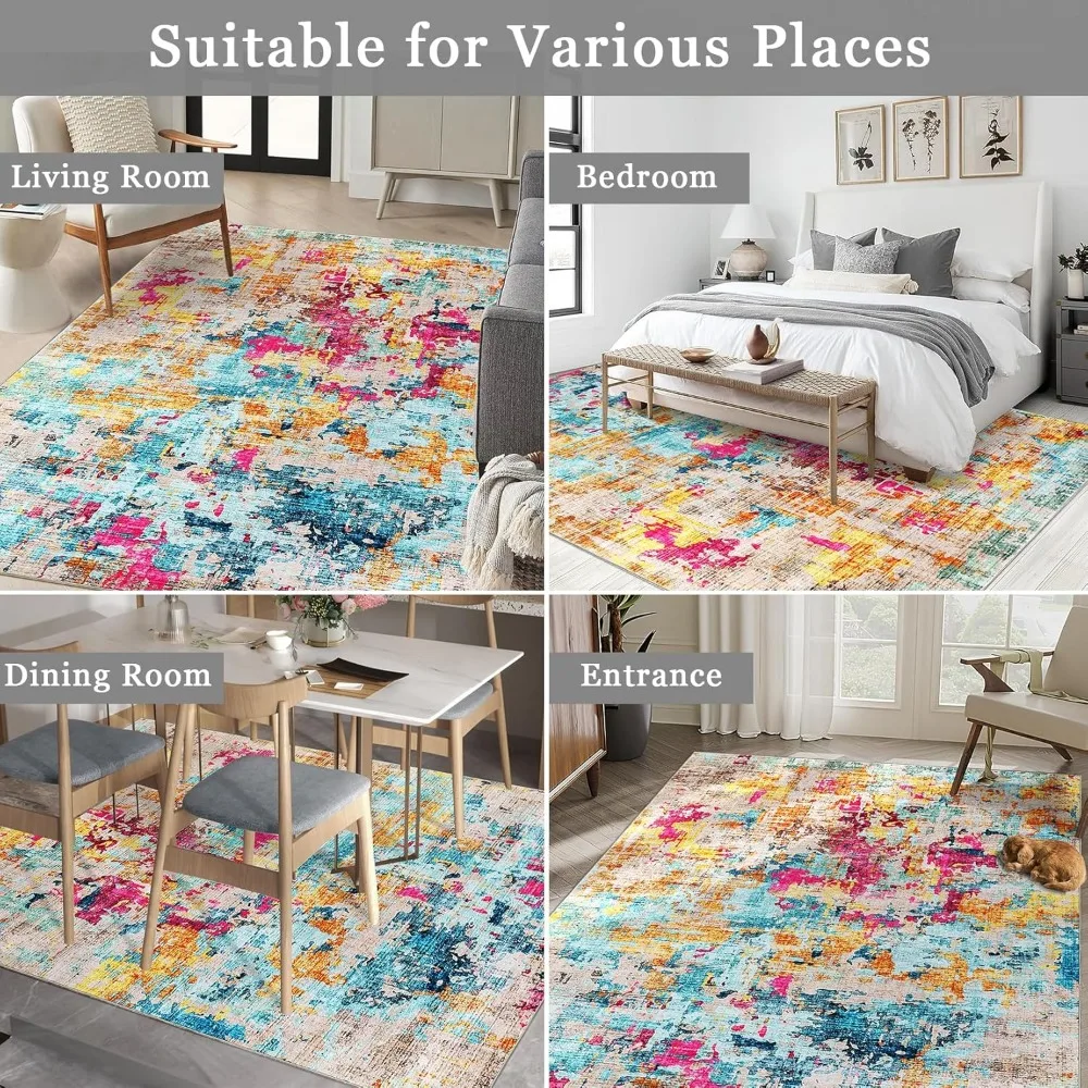 CAROMIO Colorful Abstract Area Rug, 5x7 Boho Washable Living Room Bedroom Rug Modern Non-Slip Non-Shedding Low Pile Area Rug Thr
