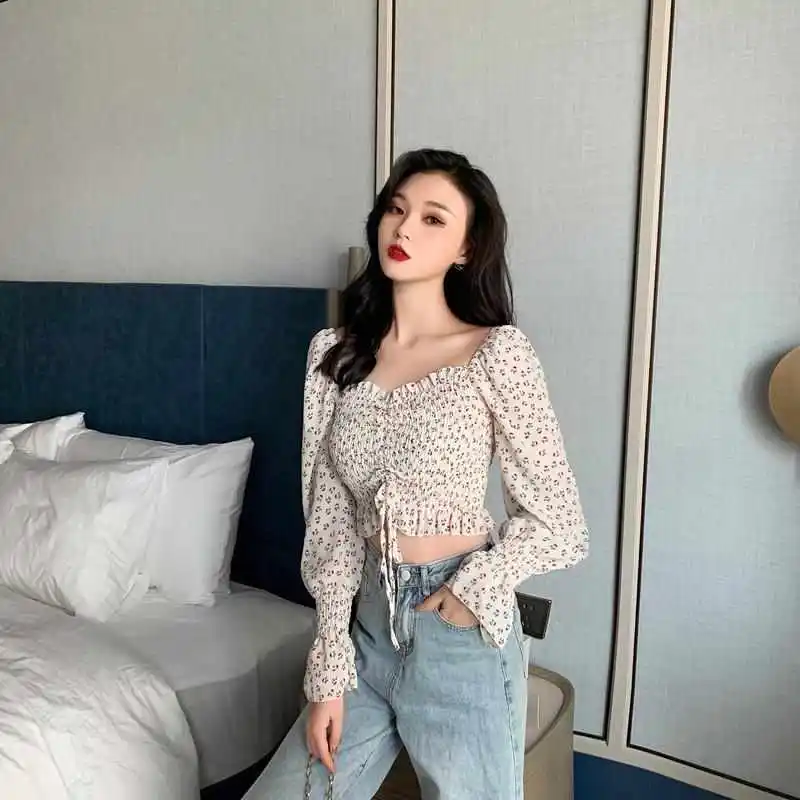 

Floral Square Collar Long Sve irt Women's Straight Cut Knot Rcelain Cotton Thin Warm Spring Season Cardigan