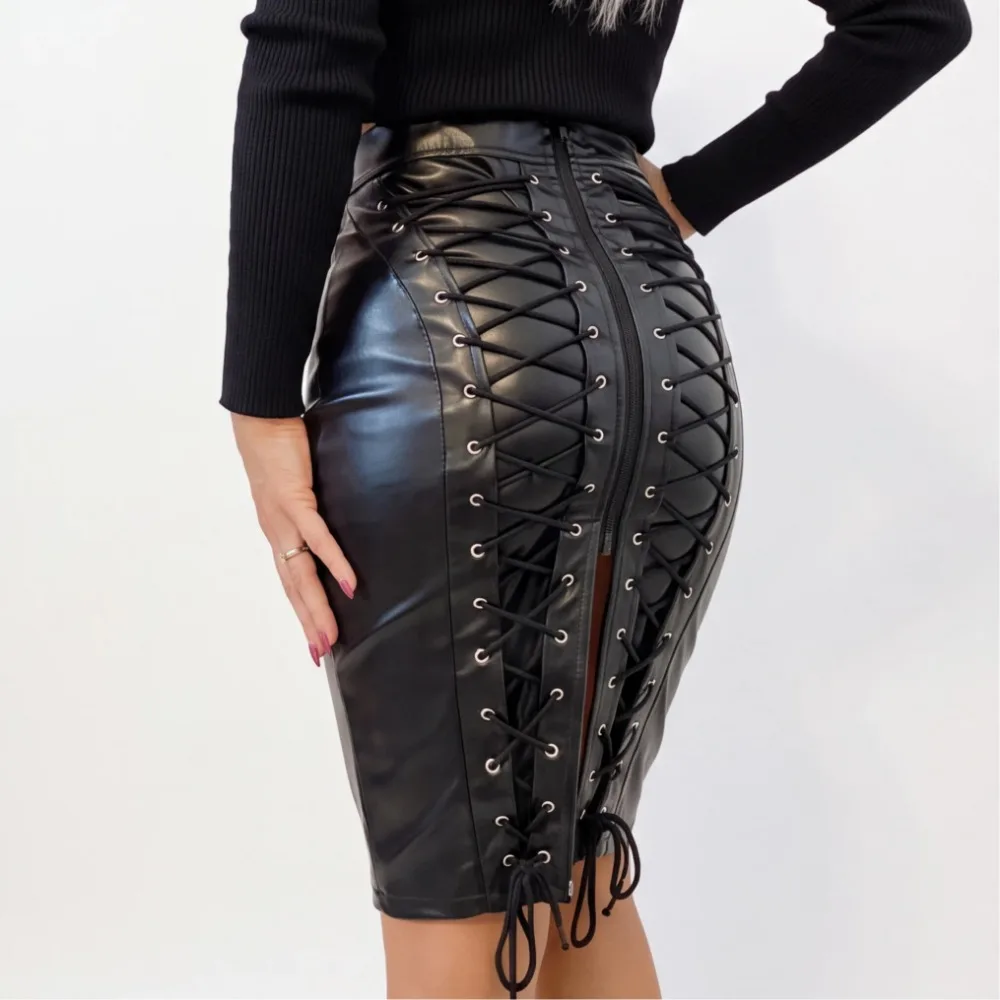 Women Leather Midi Skirt Lace Up Two Ways Zipper Back