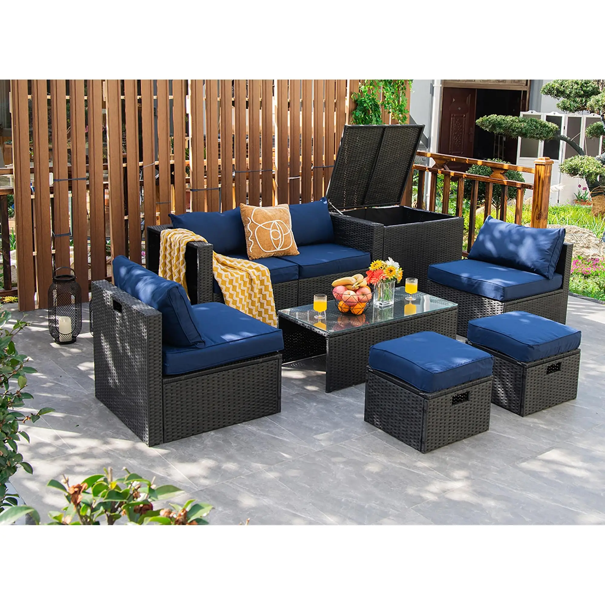 8PCS Patio Rattan Furniture Set Storage Table Ottoman Navy cover