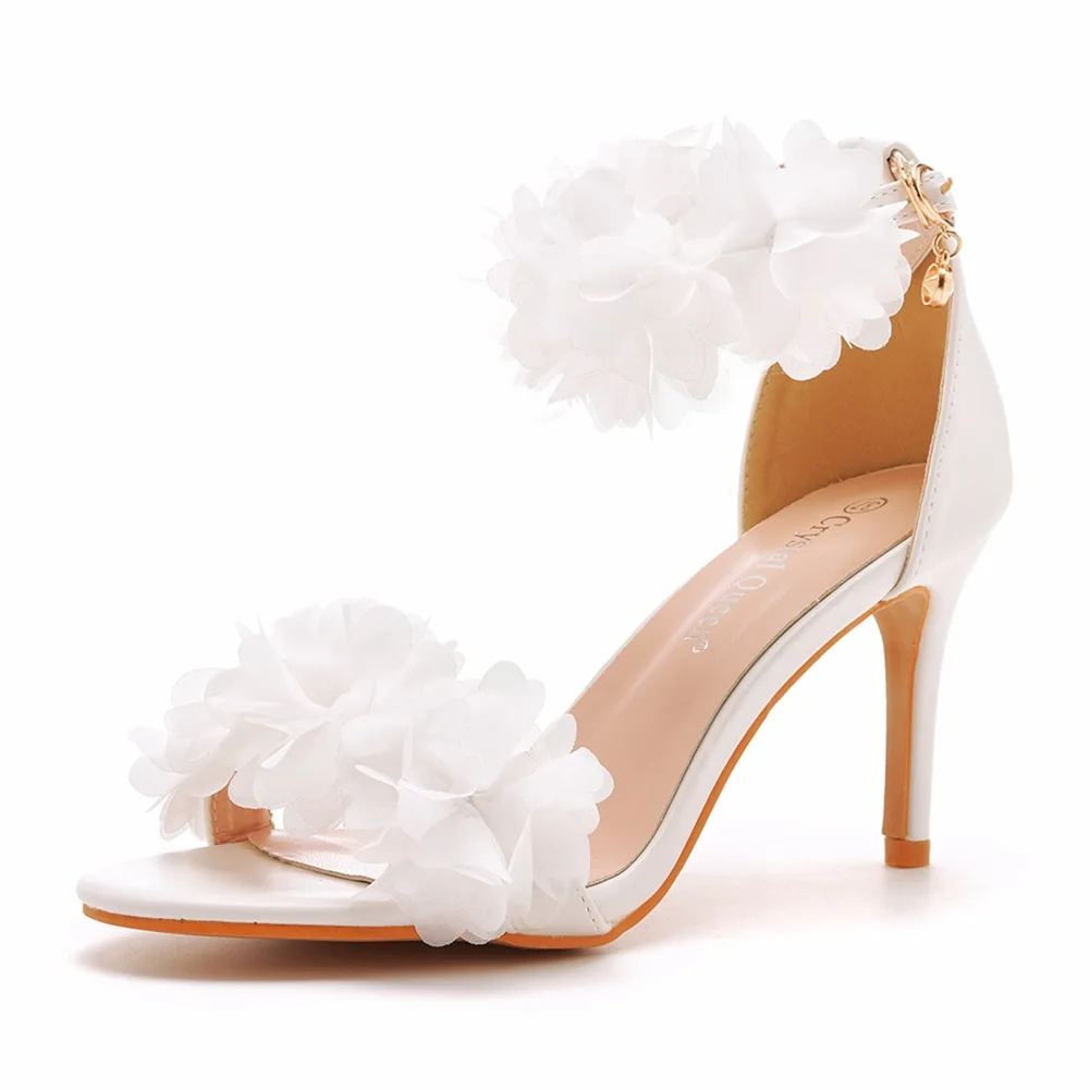 Sandalias fetiche con punta abierta para mujer, zapatos de tacón fino de 8CM, con flores, color blanco