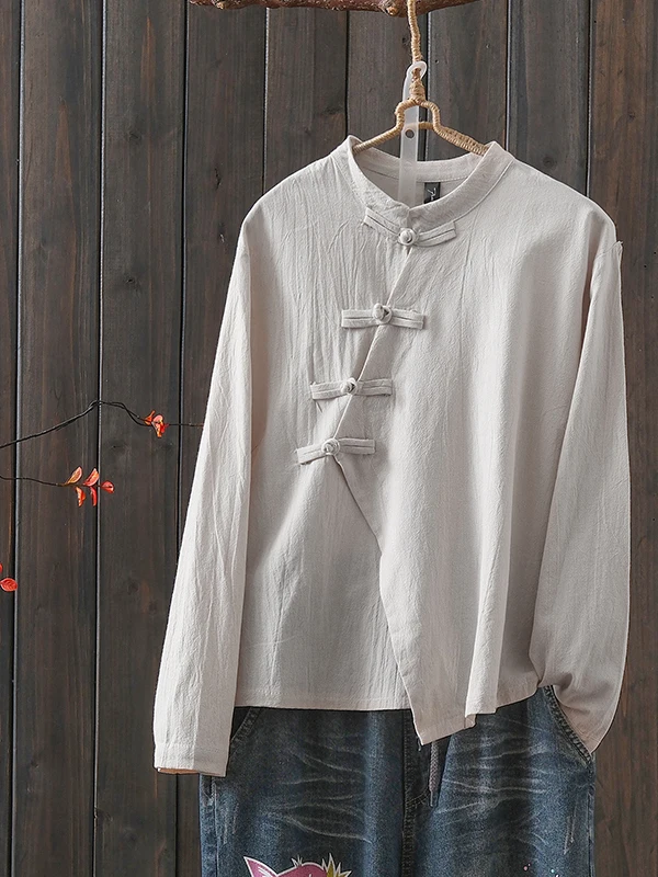 

Retro Sle Cotton Linen Long Sve Tea Ceremony irt Women's Open Cardigan Zen Meditation Loose Fit Pure Color Top