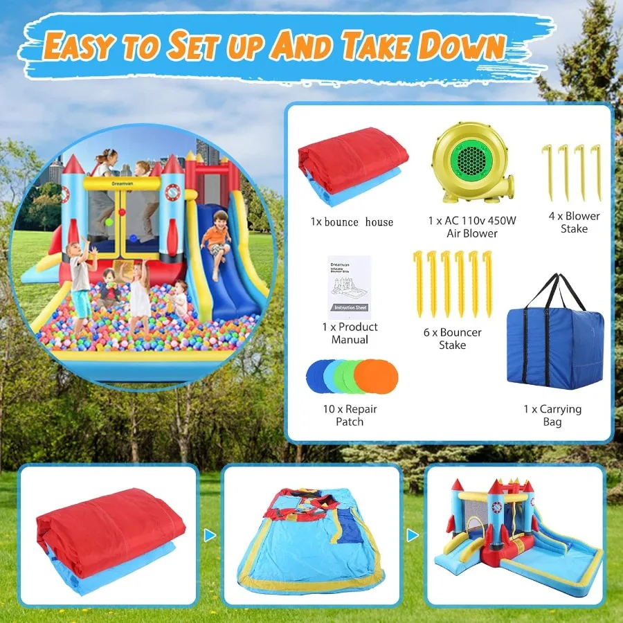 Springkasteel, opblaasbaar springkasteel met ventilator voor kinderen van 3-10, waterpark voor buiten/binnen (146" x 132" x 81")