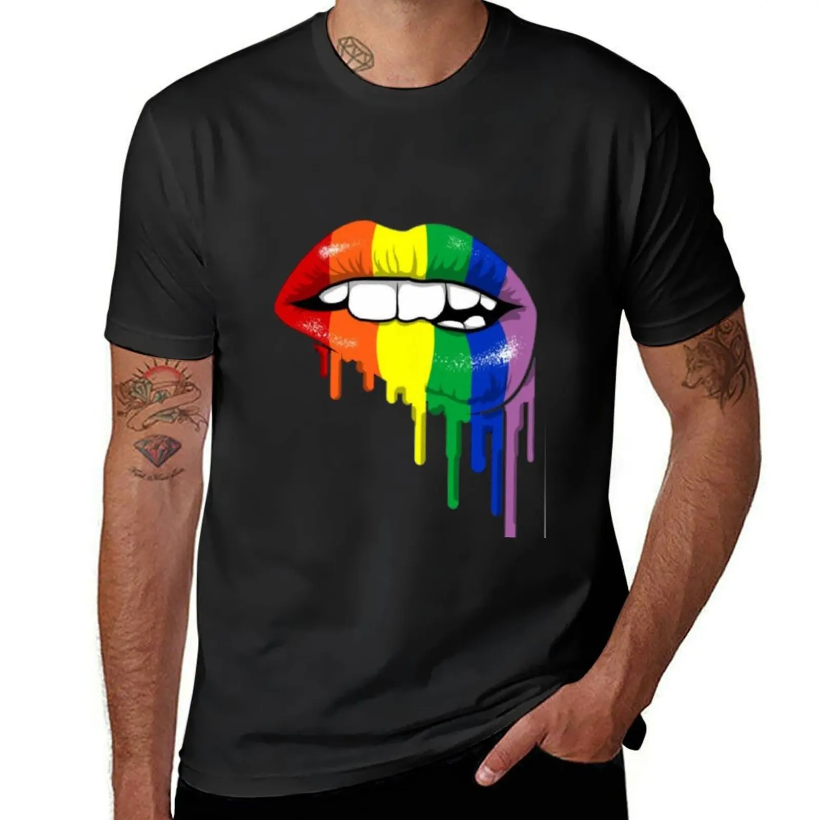 Rainbow lip biting T-Shirt summer top customizeds men t shirt