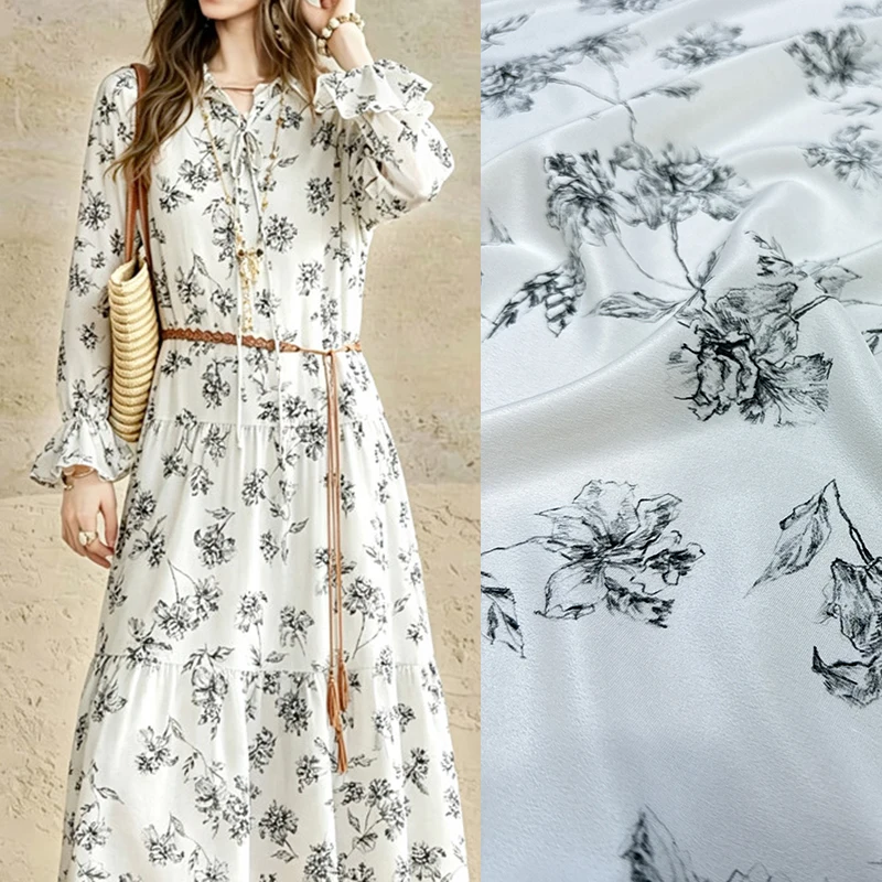 Black Printed Stretch White Silk Crepe de Chine Fabric for DIY Sewing Summer Comfortable Soft Dress Pajamas Silk Fabric FR7023