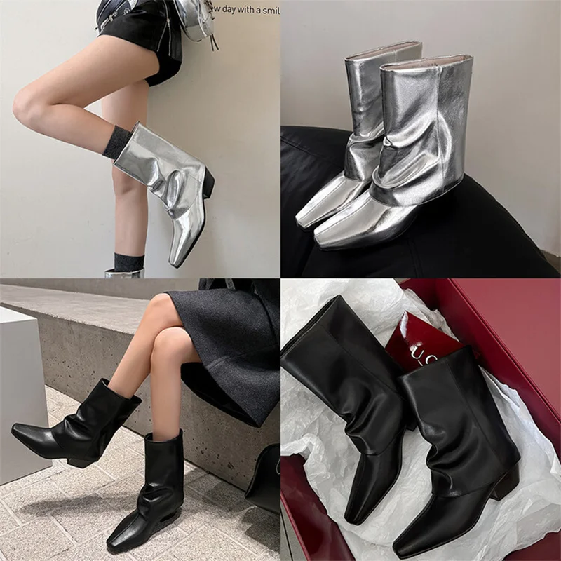 Genuine Leather Square Toe Chunky Heels Solid Trouser Boots Mid Cald Botas Sewing Versatile Runway Cozy Fashion Modern Shoes New