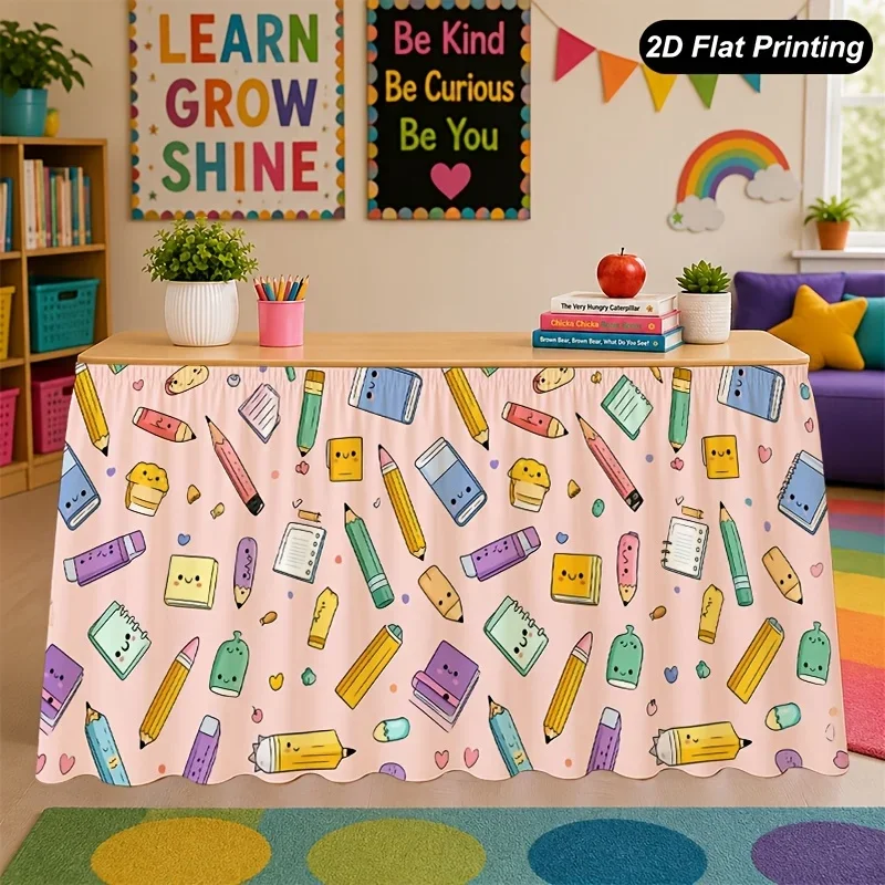1 piece of back-to-school table skirt with pencil, eraser, and pencil sharpener patterns in pink Christmas theme