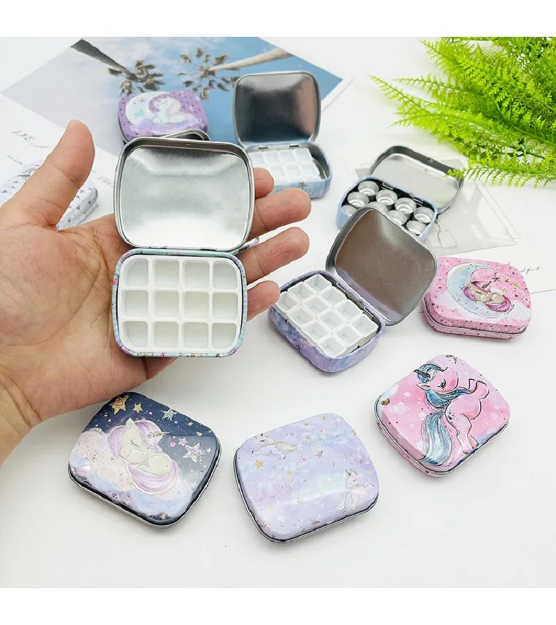 

1PC Cartoon Unicorn Mini Solid Watercolor Paint 12 Grids Iron Box Nail Polish Glue Storage Box Travel Sketch Painting Palette