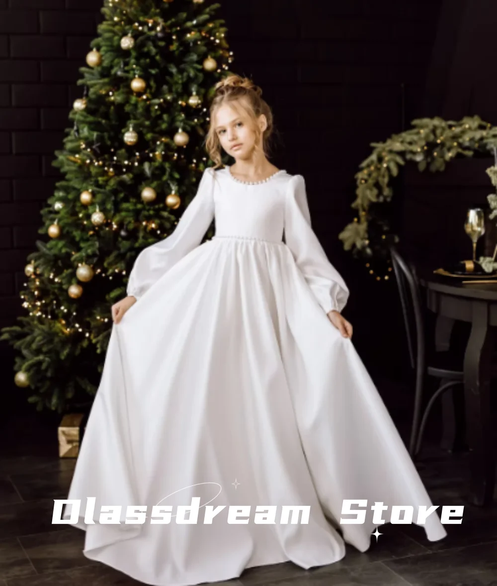 

2024 Elegant White Satin Flower Girl Dresses for Weddings Long Sleeves Pearls Bow Princess Party Pageant vestidos de fiesta ﻿