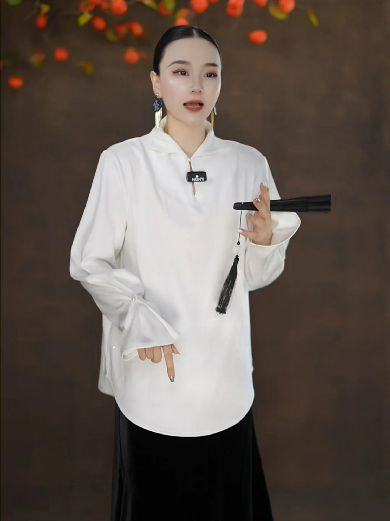 

White Long Sve Stand Collar Women's irt New Chinese Sle Luxury Anti-Aging High-End Feeling National Design Sense irt