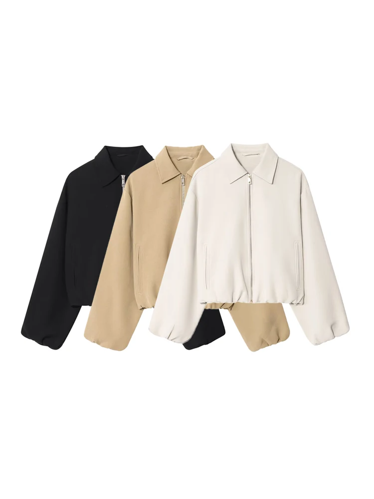 

TRZA Women's Loose Bomber Jacket with Pockets Long Sleeve Lapel Collar Front Zipper Chic Outerwear Fashion Top