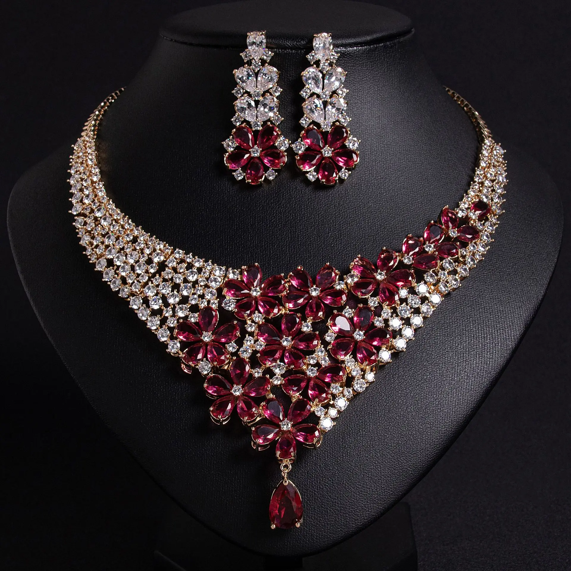 

Gorgeous Atmosphere Colourful Flower Necklace Earrings Fine Glitter Jewellery 2 Pcs Set Nigerian Women Wedding Party Dress M-589
