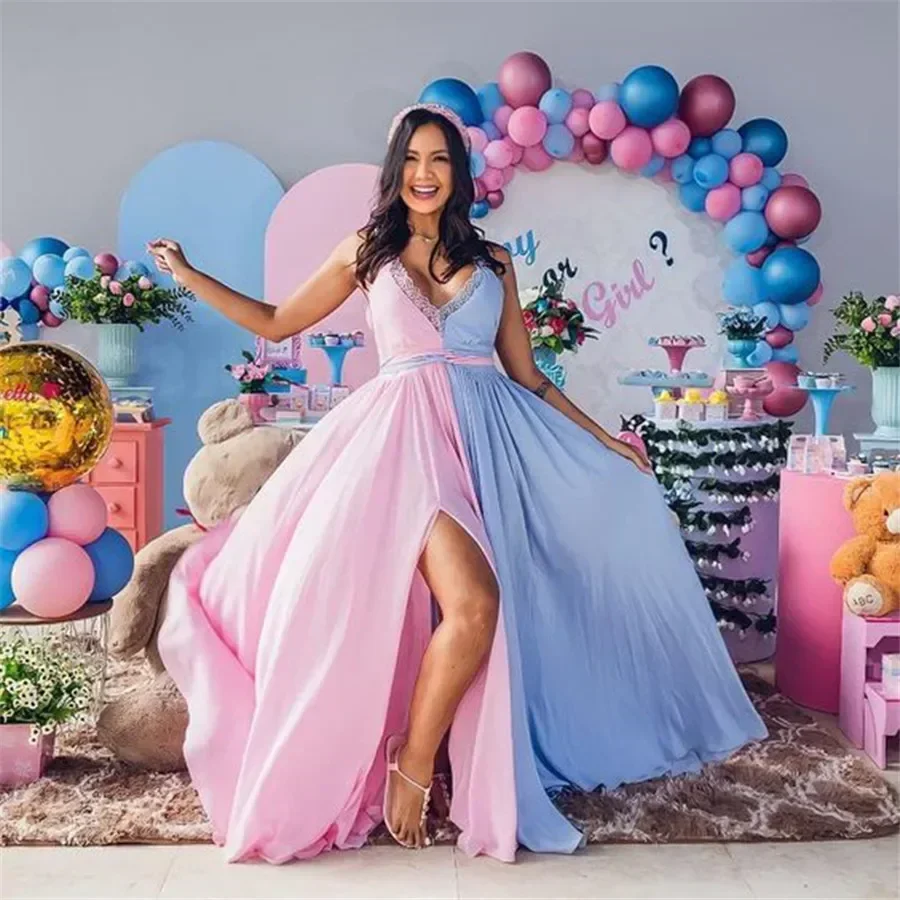 Vestido de maternidad de revelación de género arcoíris para sesión de fotos, Baby Shower, fotografía, sesión de fotos, sin mangas, cuello en V, vestido sin espalda