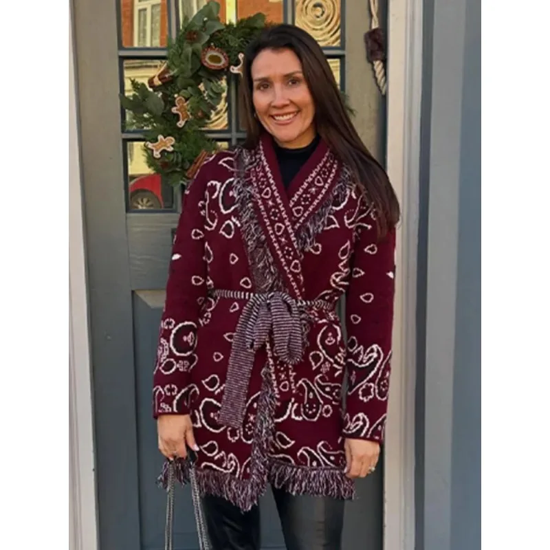 

Осенне-зимний бордовый утолщенный кардиган с жаккардовым узором, свободный ретро-свитер-пальто средней длины с отложным воротником