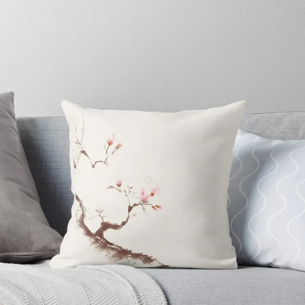 Gentle sumi-e design of a blossoming sakura branch with pink flowers on light beige art print Throw Pillow