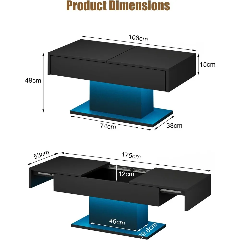 Black LED Coffee Table with Storage for Living Room, Living Room Table Rectangular Center Table, Modern High Glossy Wooden Coffe