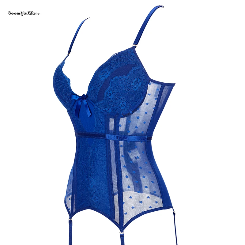 Spaghetti Strap Translucent Blue Heart-shape Embroidered Corset Lace Up Bone Bustier Plus Size Underwear Corselet For Women