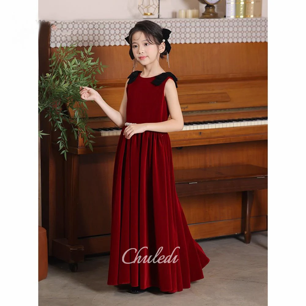 Girls' Dress Velvet Round Neck Sleeveless Floor-Length Pearl Belt Black Bow