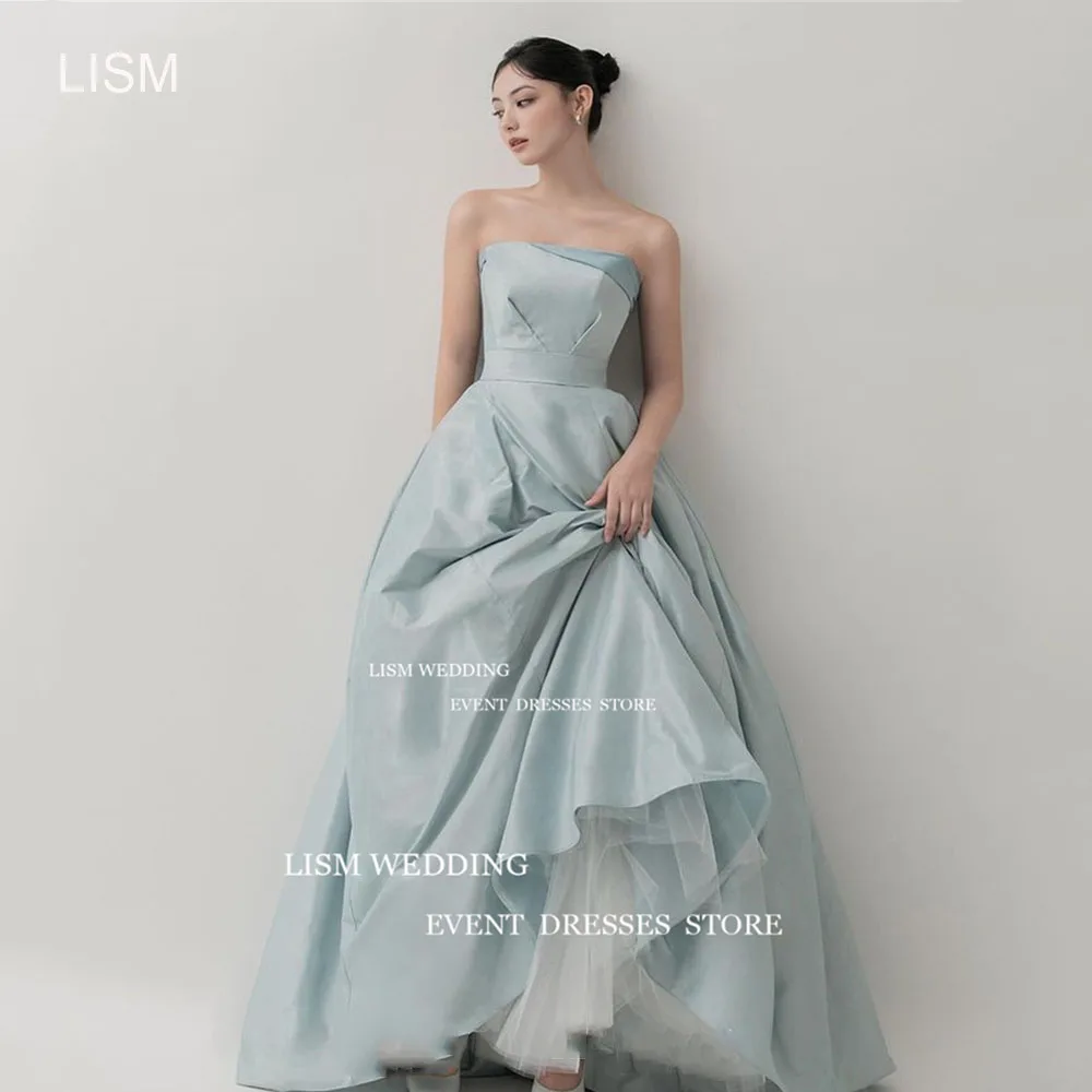 LISM Lake Blue Satin Evening Dresses Photos Shoot Sleeveless Prom Formal Party Gown Floor Custom Made Backless Reception Dress