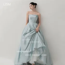 LISM Lake Blue Satin Evening Dresses Photos Shoot Sleeveless Prom Formal Party Gown Floor Custom Made Backless Reception Dress