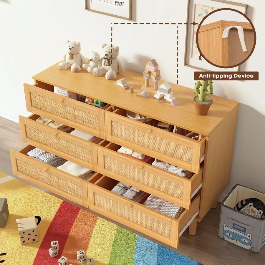 خزانة ذات 6 أدراج من الروطان لغرفة النوم 47.2 خزانة ذات أدراج من الروطان مع حامل تلفزيون مزدوج للتخزين لخزانة غرفة المعيشة Ha