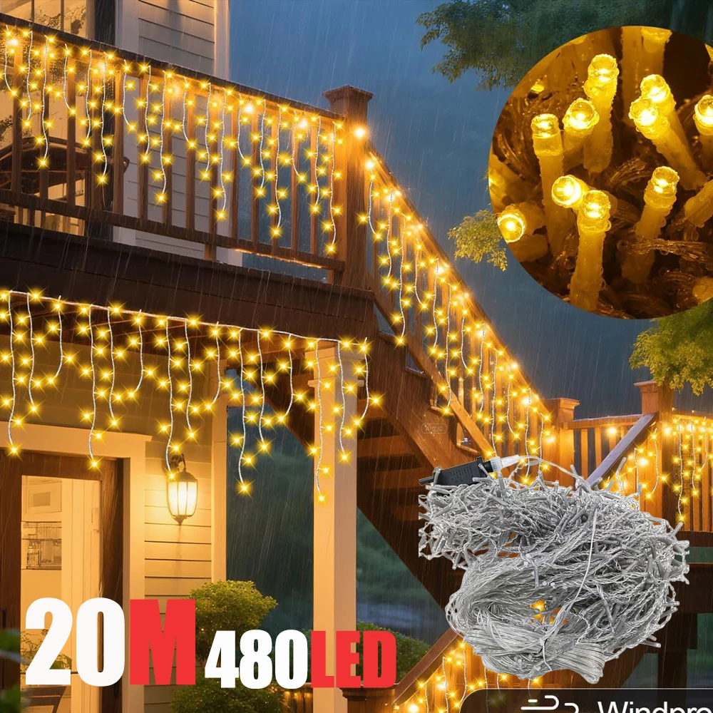 

LED Christmas Icicle Curtain String Lights 20M+10M 480LED Extens 8Modes, Plug in Waterproof for Wedding Party Home Garden