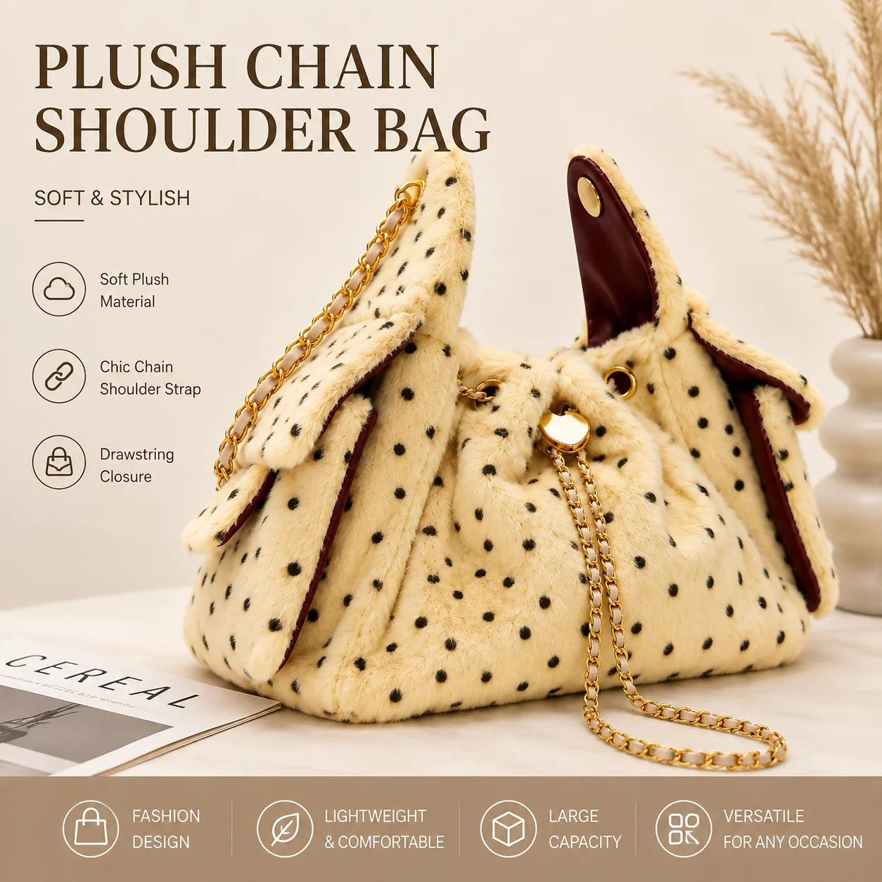 Leopard Faux Fur Shoulder Bag,Trendy Chain Handle Handbag for Women,Soft Crossbody Tote Bag for Daily Commuting & Casual Outfits