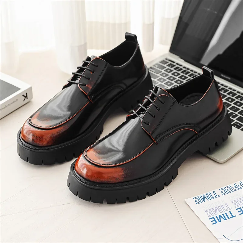 

PopMen's Casual Business Leather Derby Shoes Trendy Mens Lace-up Thick Sole Heightened Shoe British Style