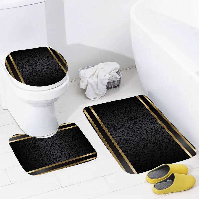Luxury Black & Gold Bathroom Set - Elegant Shower Curtain, Non-Slip Bath Mats & Toilet Cover, Modern Decor (4-Piece) - view 4