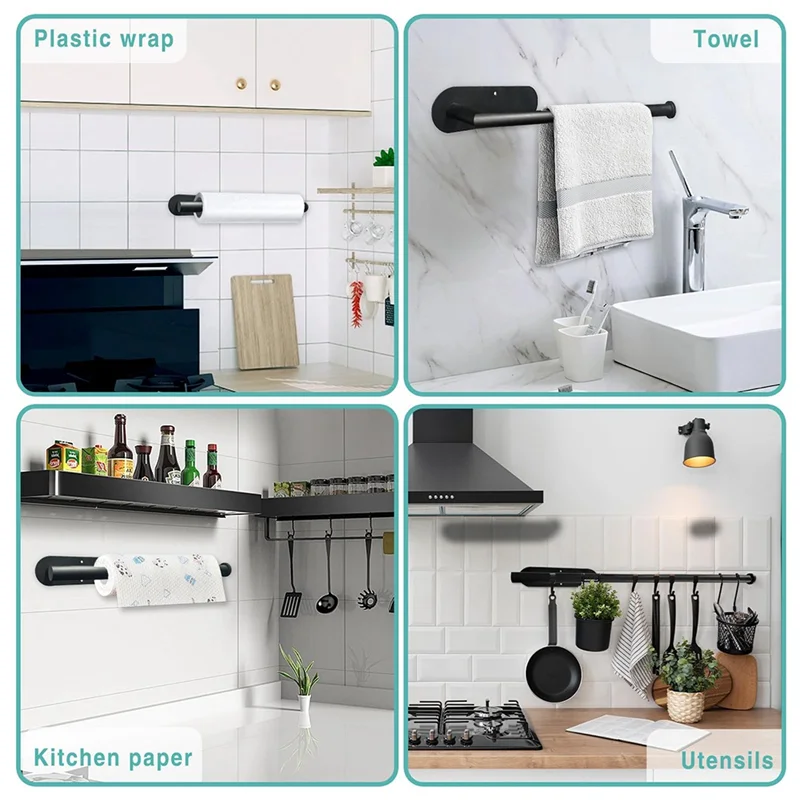 2 Pack Versatile Paper Towel Holder, Stainless Steel Black Wall Mount Or Self-Adhesive Durable Easy Install Easy To Use