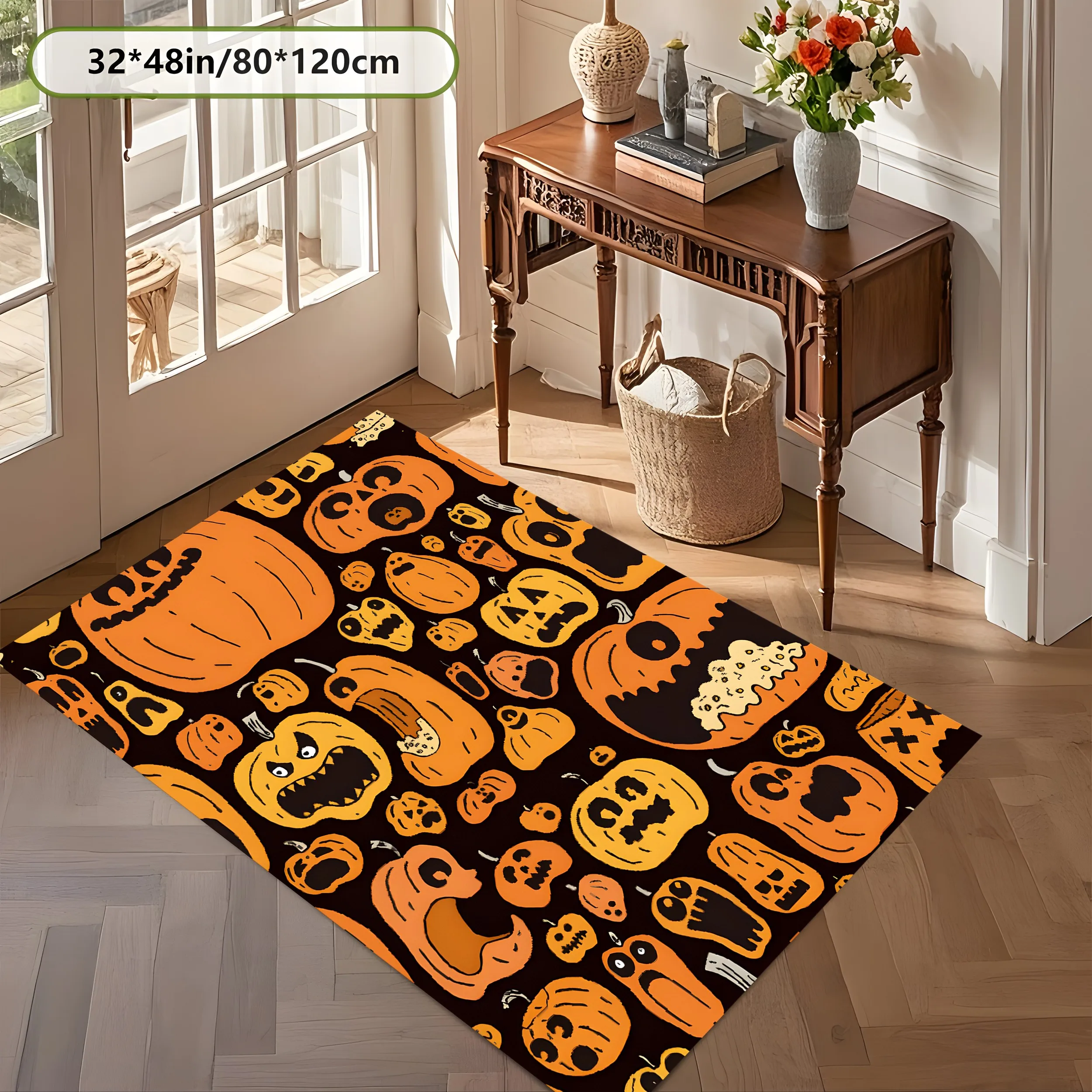 Funny Pumpkin Ghost Face 2D Area Rug in Quirky Trendy Style for Living Room and Entryway, Halloween Party Decor