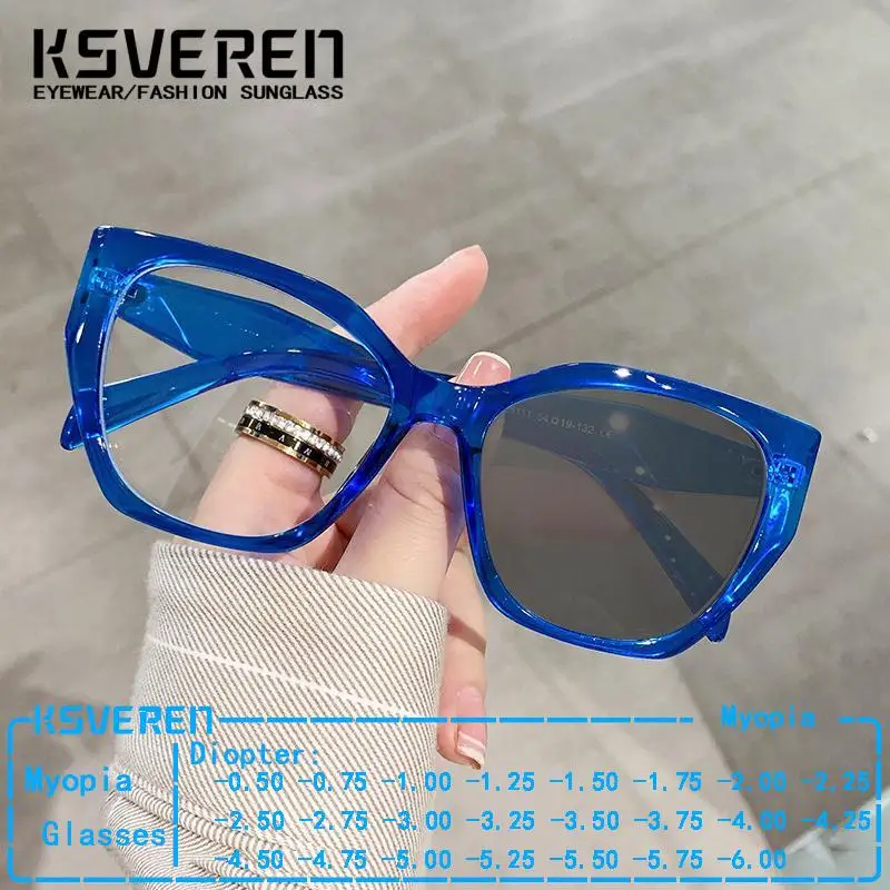 Blue Cat Eye Photochromic Myopia Glasses Women Color Changing Finished Prescription Eyewear Full Rim Retro Minus Diopters