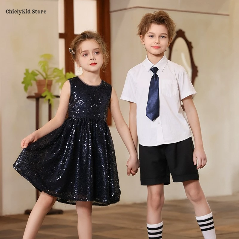 

Boys Fashion School Uniform Shirt Shorts Girls Sequin Preppy Dress Kids Sundress‌ Clothes Sets Children Students Dresses Outfits
