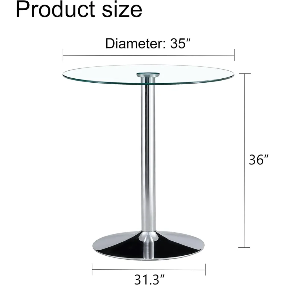 Table ronde de hauteur de barre en verre, table ronde de hauteur de comptoir de 35 pouces avec plateau en verre trempé, support de poteau chromé argenté robuste, transparent