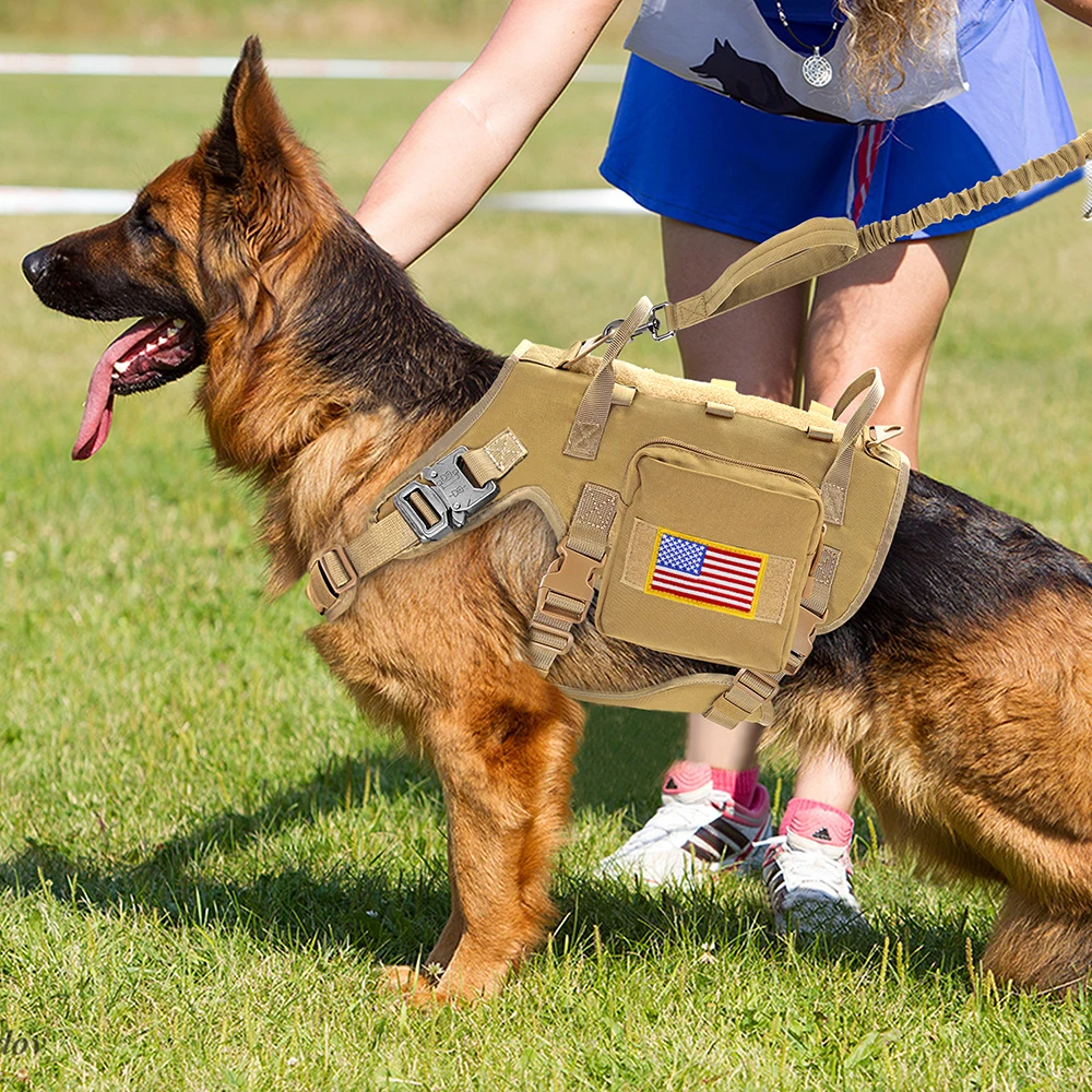 Arnés táctico militar para perro, conjunto de Collar y Correa, chaleco de entrenamiento para perros grandes y duraderos, MOLLE con bandera de bolsas