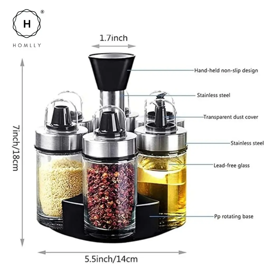 Homlly Rotary Glass Condiment Spice Bottle Stand Set (6 Pcs)