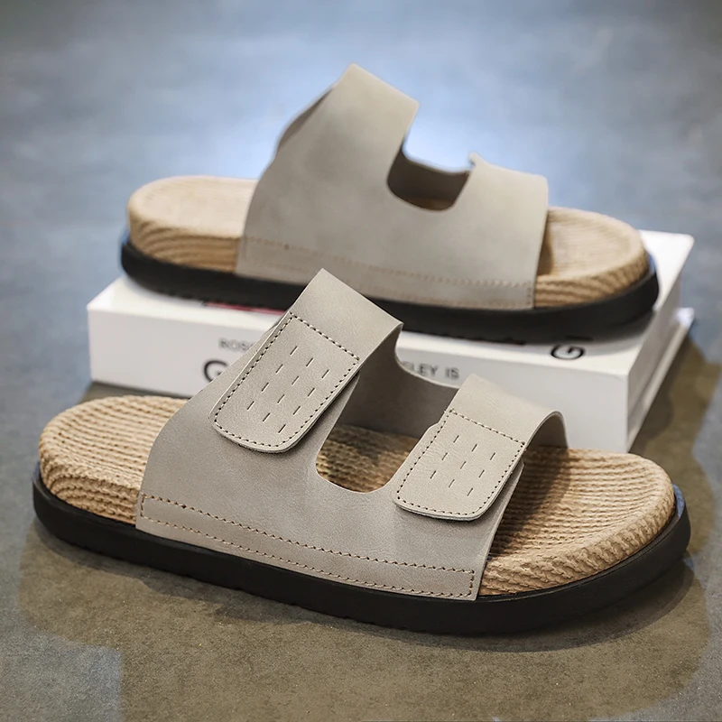Men's one-strap Woven slides slippers summer new breathable lightweight soft sole anti slip outdoor Quick dry casual beach shoes