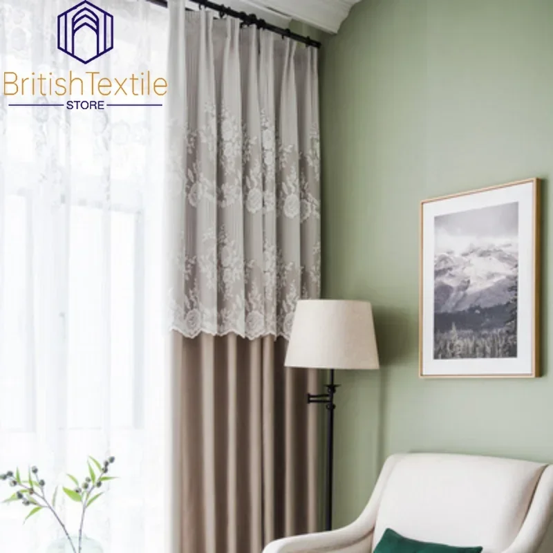 Custom Light Luxury Curtains for Living Dining Room Bedroom Light Coffee Simulation Curtain Lace Jacquard High-end Blackout