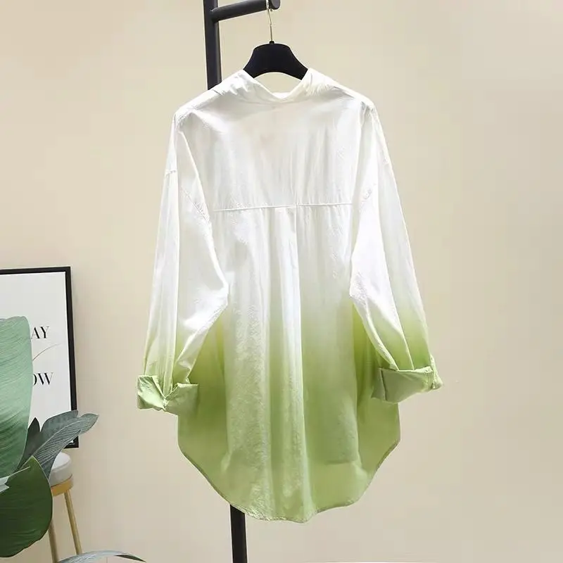 

2024 Spring New Korean Style Gradient Tie Dye Cotton Shirt for Women Lightweight Loose Fit Sun Protection Casual Button Up Top