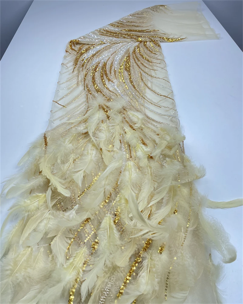 

African 3D Feather Lace Fabric High Quality Embroidery with French Beads And Sequins for Nigerian Wedding Party Dresses