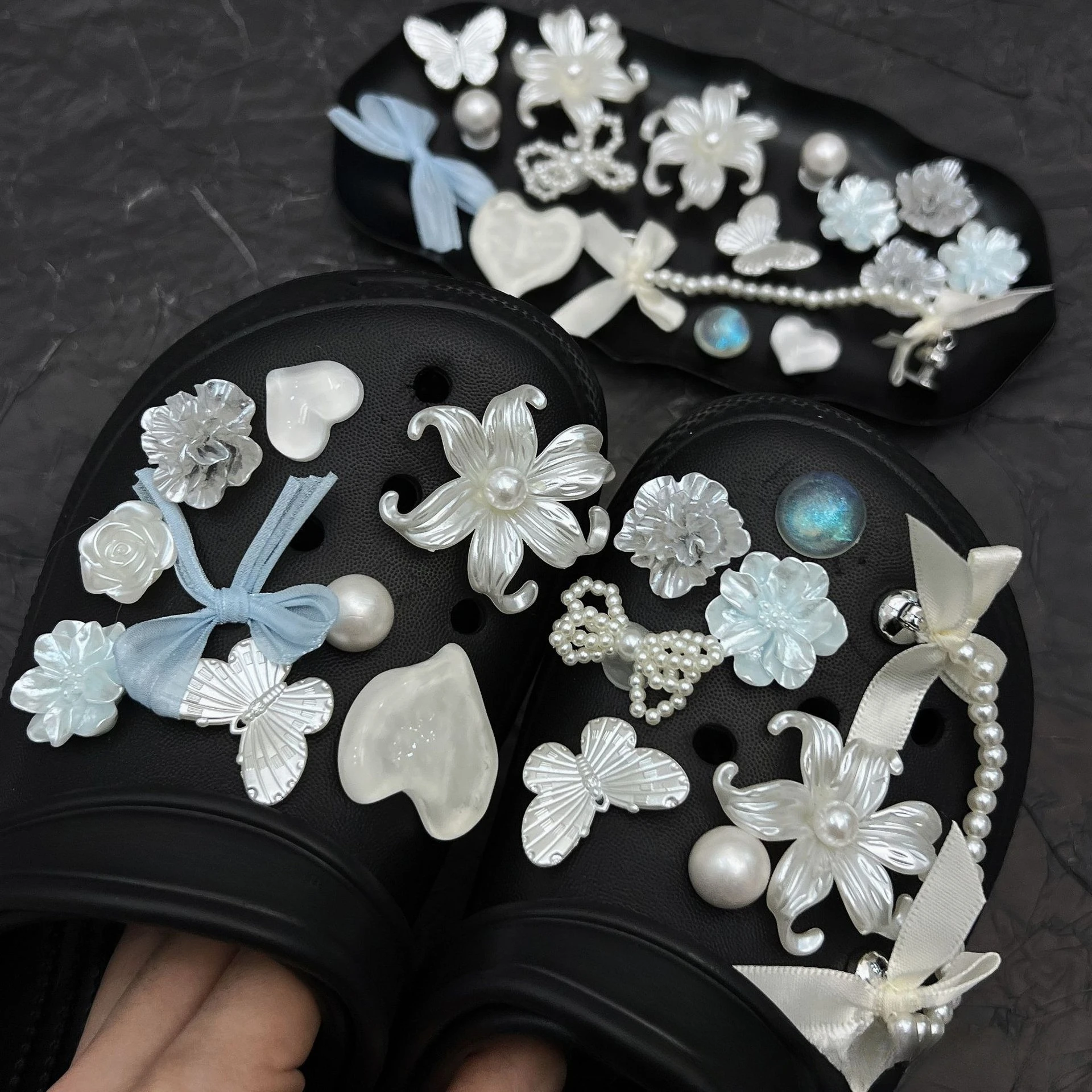 16Pcs 3D Butterfly Pearl Flower Beach Shoe Charms Detachable Clip Buckle Shoe Decorations DIY Perforated Shoes Accessories Gifts