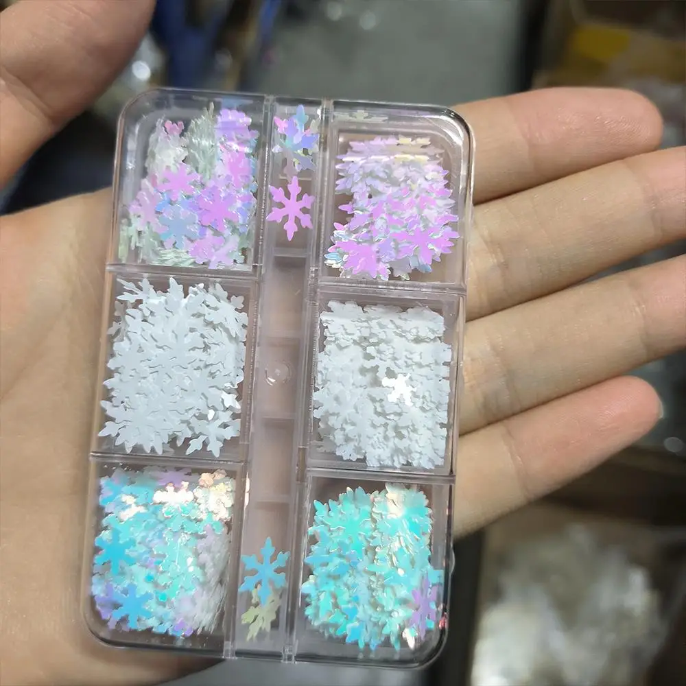 6/12 شبكات ثلاثية الأبعاد أورورا عيد الميلاد الثلج مسمار الترتر الملونة عيد الميلاد رقائق الثلج مسمار الفن الديكور الشتاء pailletes مسمار أجزاء