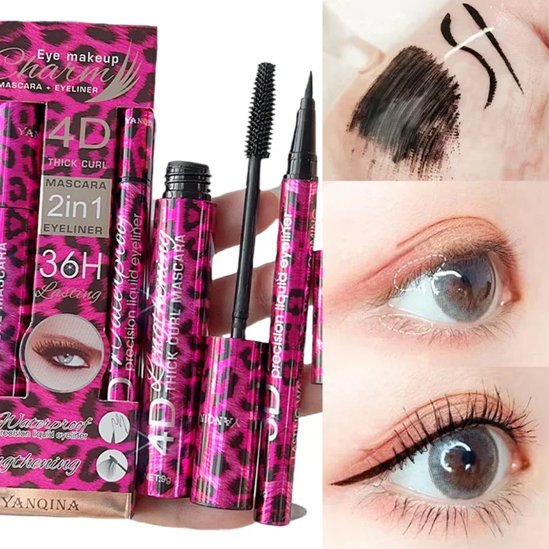 2-in-1 Eyeliner Mascara Set Dikke Curling 4D Mascara 3D Niet-vlekkende Vloeibare Eyeliner Potlood Blijvende Waterdichte Ogen Make-up Gereedschap