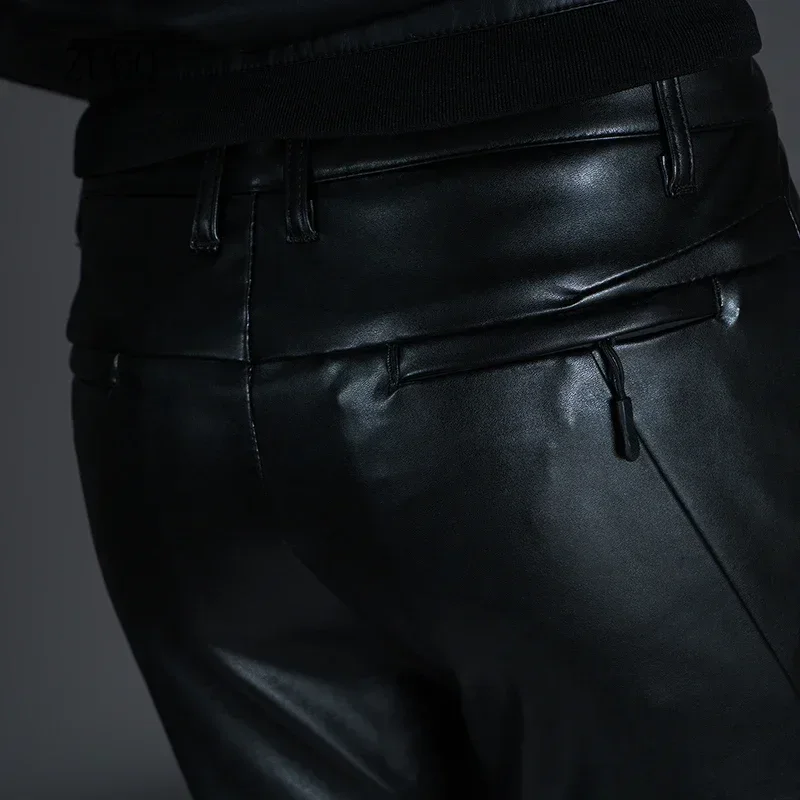 Winter New Men\'s Skinny Biker Faux Leather Pants Fashion Motorcycle Trousers for Male Stage Club Wear