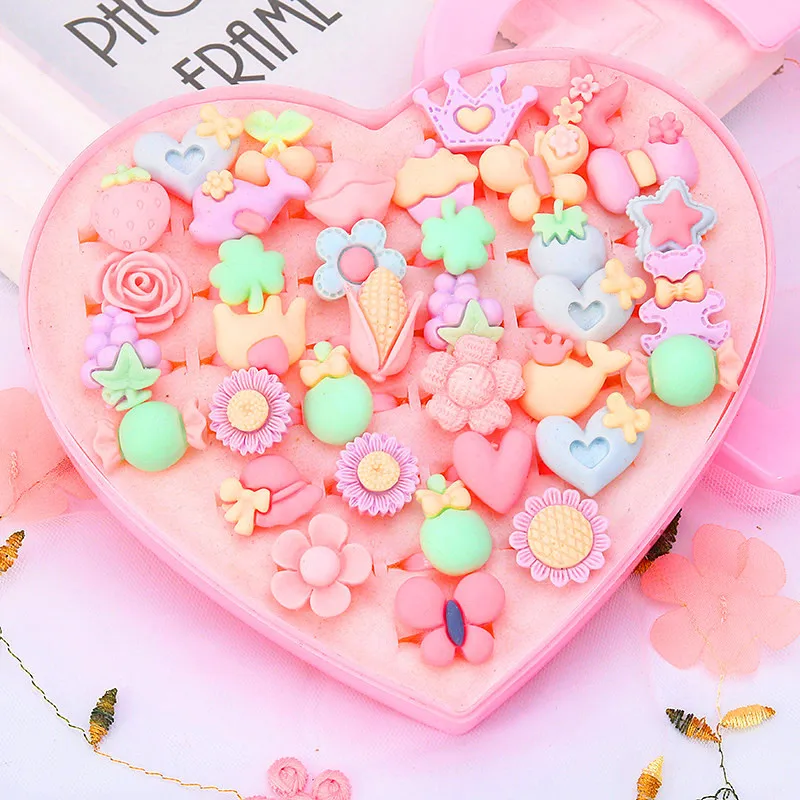 36pcs Little Girl Adjustable Rings in Box Kids Jewelry Rings Set with Heart Shape Display Case Girl Pretend Play and Dress up