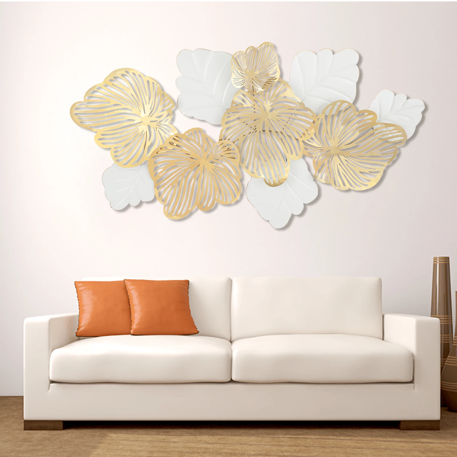 

3D Metal Wall Art 52x28 Inch, Scandinavian Gold & White Floral Sculpture, Wrought Iron Leaf Decor for Living Room Bedroom