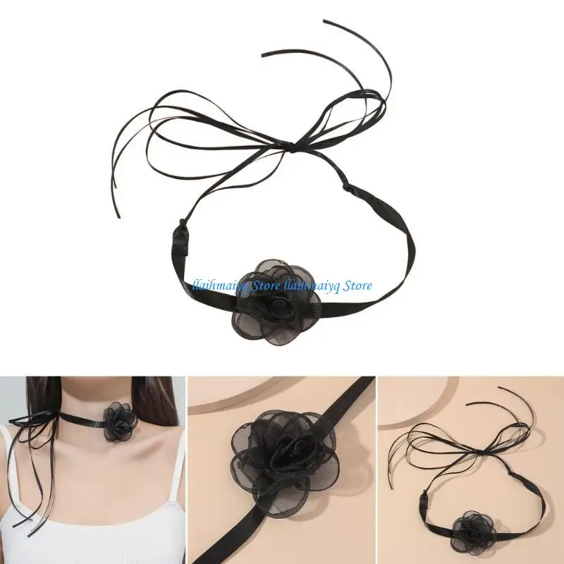 

573B Camellia Bowknot Choker Necklace Flower Collar Necklace Clavicle Chain Vintage Neckband Party Jewelry for Women Girls