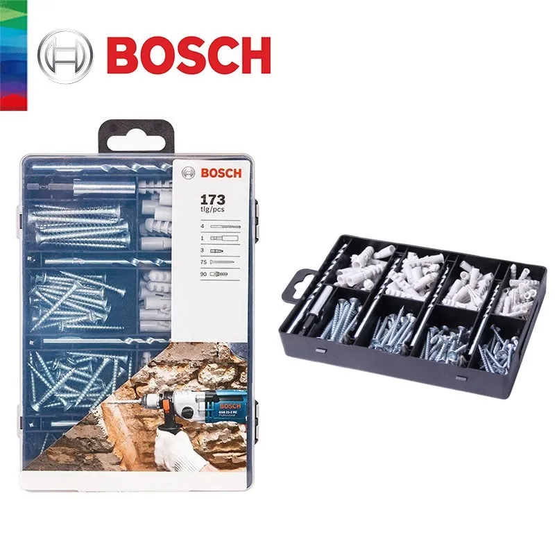 

BOSCH 173Pcs/Set 5/6/7/8 mm Plastic Expansion Brick Wall Anchor Tube Wall Plug Screws Phillips Flat Head Tapping Bolt Stone Bit