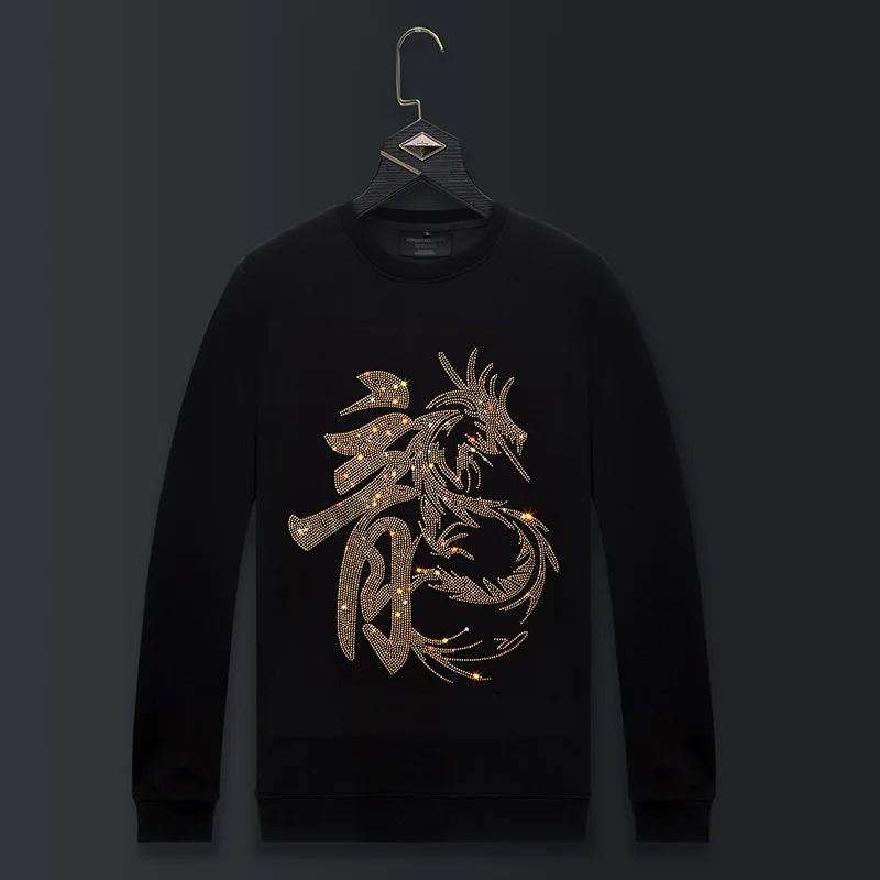 

2024 Men Dragon Rhinestones Hoodie Sweatshirt Fashion Streetwear Full Pullover Hoodie Black O Neck Cotton Mens Autumn Clothes