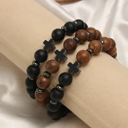 Prayer Men Natural Stone Wood Beads Rosary Hematite Cross Bracelets Onyx Meditation Bracelet Women Yoga Jewelry Homme Pulsera